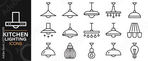 Decorative ceiling and pendant lamp outline icons for interior concept design