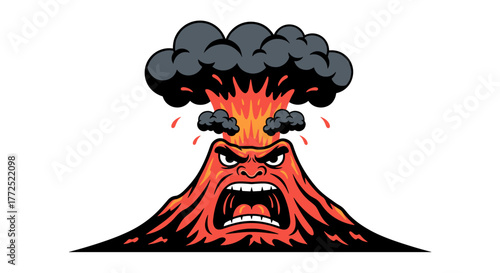 A fierce cartoon volcano erupts with fiery lava and dark smoke against a clean white background, showcasing nature's raw power.