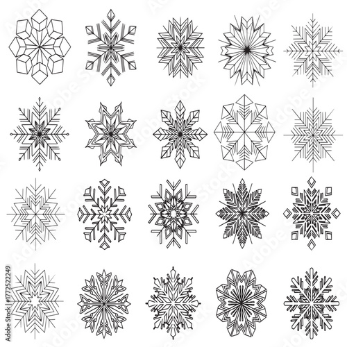 A comprehensive set of 20 hand-drawn snowflake icons or elements in a black and white outline style. Vector illustration featuring unique geometric designs, perfect for Christmas, winter decoration