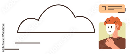 Person holding a mask near cloud shape and digital content box suggesting online identity, data security, privacy. Ideal for technology, anonymity, cybersecurity, authenticity, self-expression, cloud