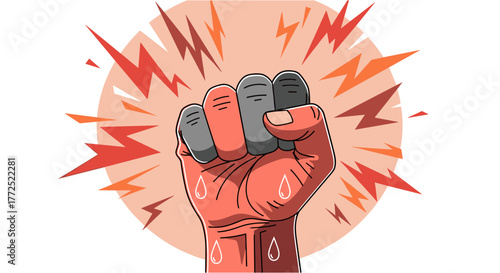 An illustration depicts a clenched fist with energy radiating outward, symbolizing power, strength, and determination in a dynamic visual.