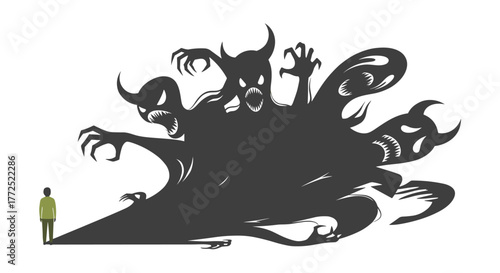 A person confronts their inner demons, symbolized by a dark, monstrous shadow with multiple faces and menacing claws, on a white background.