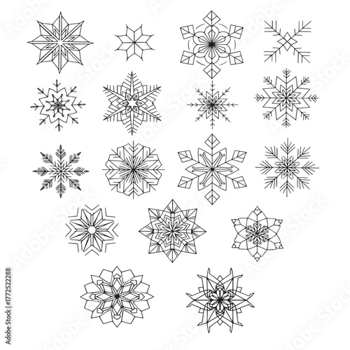 WebA large variation of decorative outlined snowflakes, totaling 20 different designs. Each snowflake has distinct details and geometric shapes, suitable for crafts, coloring pages, 