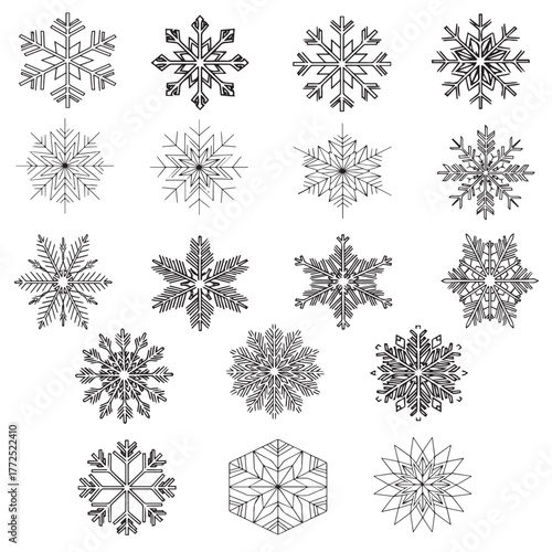 A pack of 20 line art snowflake illustrations with various symmetrical designs. Ideal for clip art, backgrounds, or design elements that require an elegant Christmas and winter atmosphere.