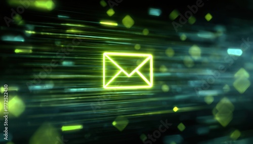 Glowing lime green email icon with a digital background.