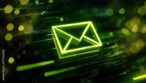 Glowing lime green email icon with a digital background.