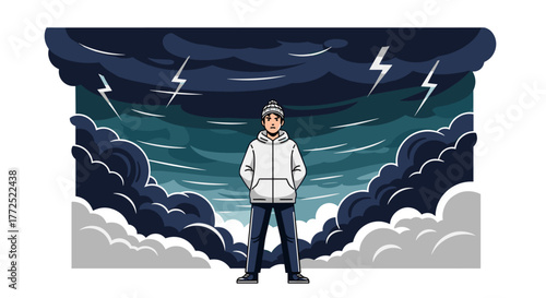 A person stands confidently against a stormy sky with lightning, symbolizing resilience and facing challenges with determination.