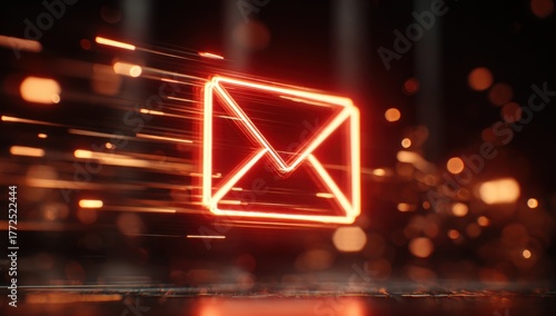 Glowing red email icon with a digital background.