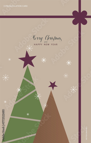 Elegant minimalist vector Christmas card featuring geometric Christmas trees in earthy green and brown tones, decorated with modern stars and snowflakes.