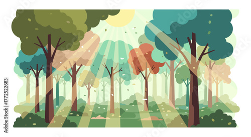 A vibrant illustration captures a sunlit forest scene, with stylized trees, dappled light, and a sense of natural beauty and tranquility.