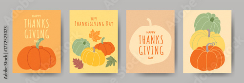 Thanksgiving greeting card set with illustrated pumpkins and autumn leaves. Warm design ideal for seasonal messages and invitations