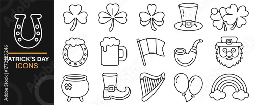 Irish themed decorative icons pack with clovers, flag, and rainbow in outline design