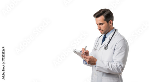 A male doctor in a white lab coat holding a pen and a piece of paper, against transparent background