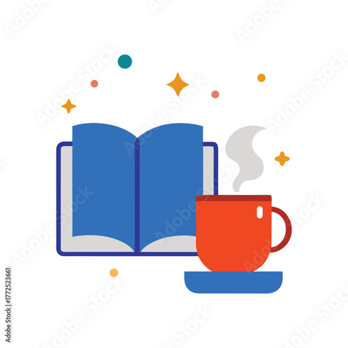 Cozy moment reading a book with a warm cup of tea flat minimalist graphic art vector christmas