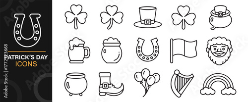 Festive Irish icons pack with shamrocks, beer mugs, and rainbow in minimalist style