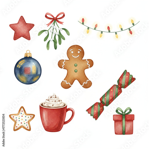 Christmast vector with watercolour styleb, icon sheets, gingerbread, for christmast celebration.eps