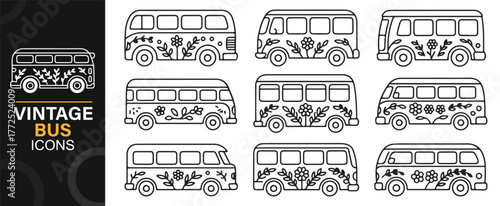 Retro line art of hippie vans and buses, minimalist vector collection