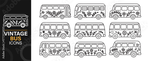 Classic 60s camper van outline icons, black and white floral vehicles