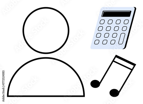 Minimalistic design of a person outline, a calculator, and a musical note symbolizing the balance of creativity, analytics, and individuality. Ideal for education, productivity, creativity, balance