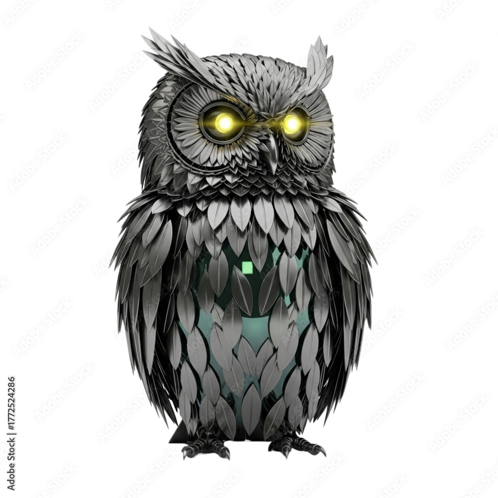 Fototapeta premium Metallic Owl Sculpture 3D Render Illustration on Transparent Backdrop