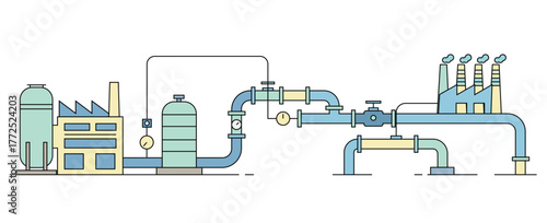Flat line industrial CO2 pipeline system with storage tanks valves and factory plant showing carbon capture process and clean energy infrastructure on white background