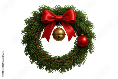 Christmas spruce wreath decorating with red ribbon bow, jingle bell, and bauble on a transparent background