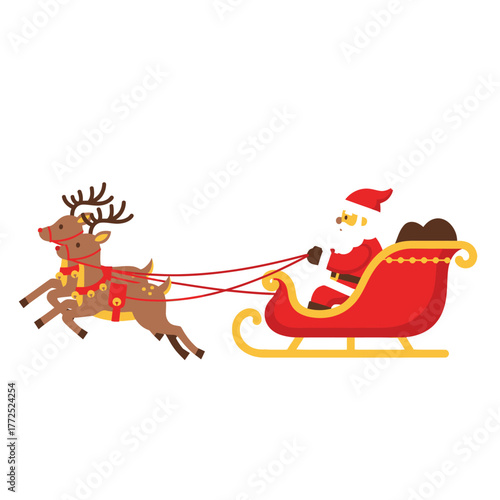 Santa Claus Sleigh with Reindeer — Flat Minimal Vector on White