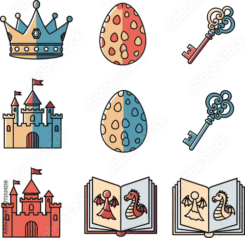 Fairy tale story icon set featuring crown, castle, dragon egg, book, and magic key in clean two-color flat vector illustration