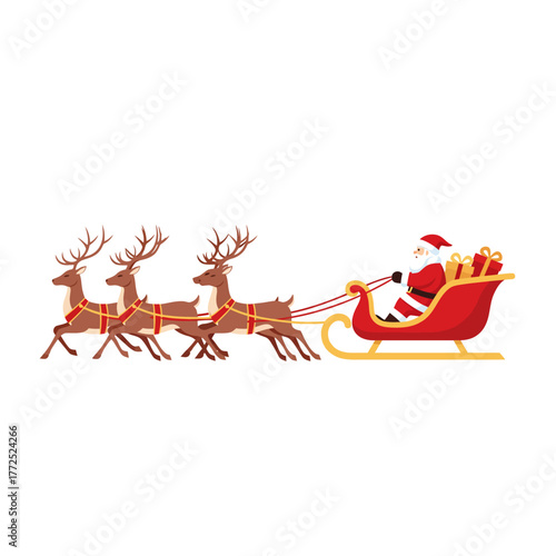 Santa Claus Sleigh with Reindeer — Flat Minimal Vector on White