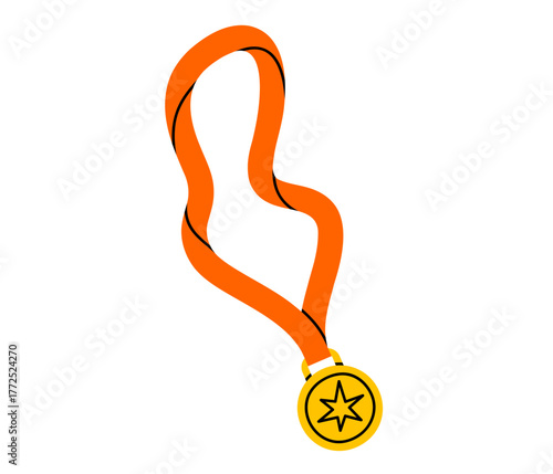 Hand drawn cute illustration of medal with ribbon. Flat vector golden 1st place badge with star doodle. Competition winner sticker, icon. Professional award. Achieving the goal. Isolated.