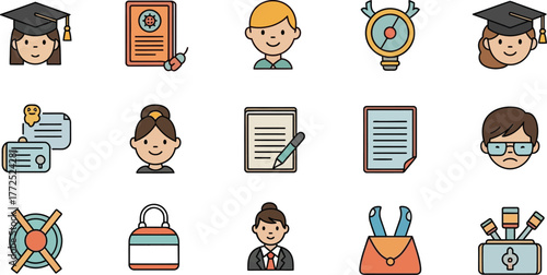 Education and School Flat Icon Set – Students, Teachers, Graduation, Study Tools, Books, Writing, Learning, Classroom, Office, Business, Vector Design