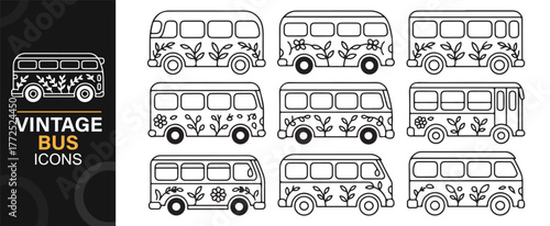 Vintage floral hippie bus icons set, retro van outline illustrations in black and white