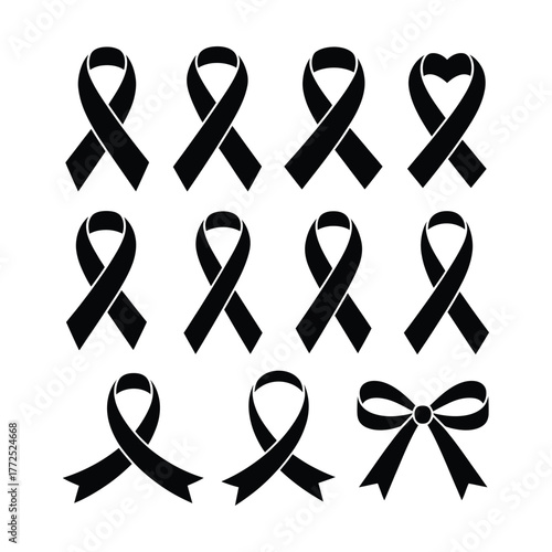 Collection of black ribbon silhouettes for awareness cause