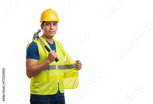 A man wearing a yellow hard hat and a reflective vest holding a wrench, against transparent background