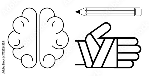 Brain symbolizing thought, pencil for creation, and thumbs-up gesture for approval or encouragement. Ideal for creativity, education, brainstorming, teamwork, innovation, self-expression positivity