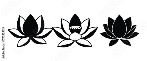 Collection of Three Distinct Black and White Lotus Flower Silhouettes for Diverse Graphic Design