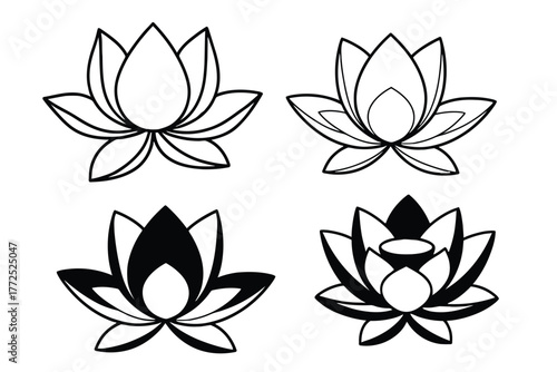 Diverse Set of Four Lotus Flower Designs Black and White Outline and Silhouette Styles
