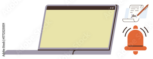 Open laptop with a blank screen accompanied by a writing document and ringing notification bell. Ideal for communication, productivity, writing, online updates, notifications, reminders, task