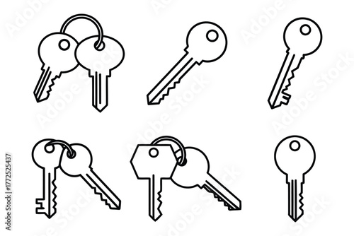 Essential collection of simple key and keyring outline icons for security and access symbols