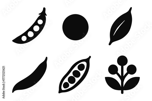 Simple silhouette icons of peas and plant elements for design