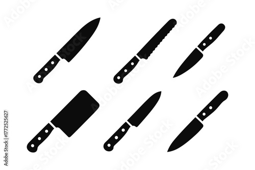 Collection of kitchen knife silhouettes: chef, bread, and utility knives in black