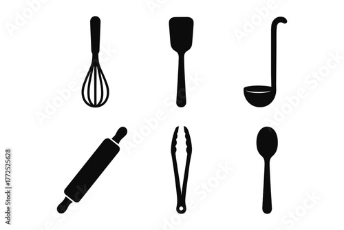 Silhouette kitchen utensils collection: whisk, spatula, ladle, rolling pin, tongs, spoon