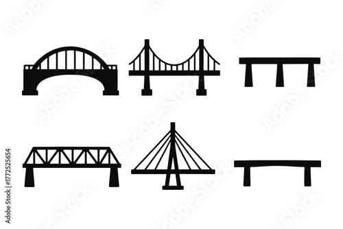 Silhouette collection of various bridge designs featuring arches and cables