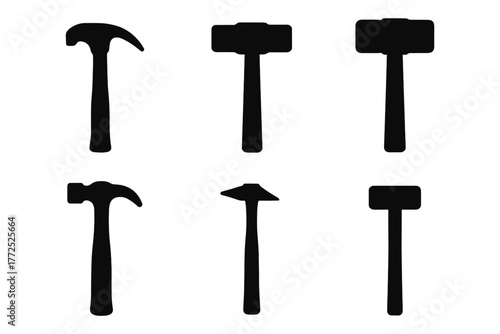 Set of diverse hammer silhouettes in minimalist style for tool design