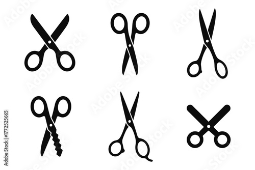 Set of black scissor icons in various styles on white background