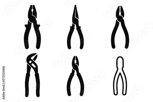 Set of six silhouette pliers icons for tools and hardware design