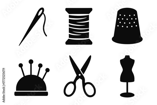 Sewing essentials silhouette set: needle, thread, thimble, pincushion, scissors, mannequin