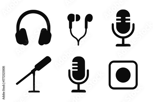 Minimalist audio equipment icons: headphones, microphones, and earbuds in black silhouette