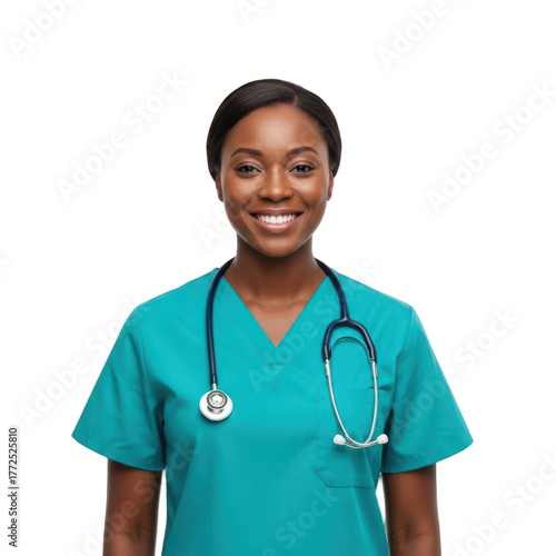 A smiling female doctor wearing turquoise scrubs and a stethoscope, against transparent background