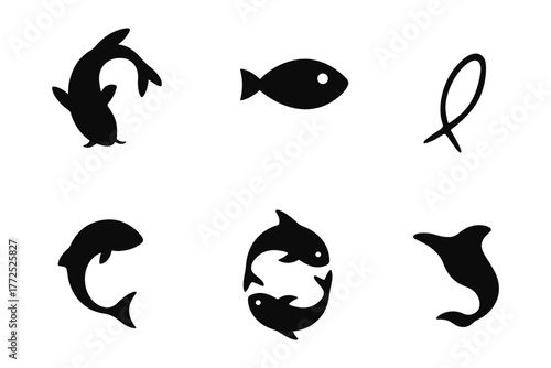 Silhouette sea creatures set: minimalist fish and marine life icons